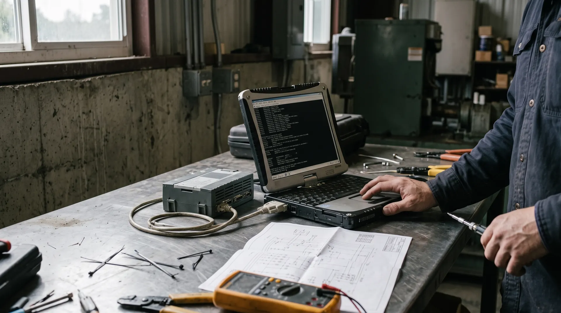 Workbench with a laptop terminal connected by serial cable to an industrial controller, beside a printed wiring diagram