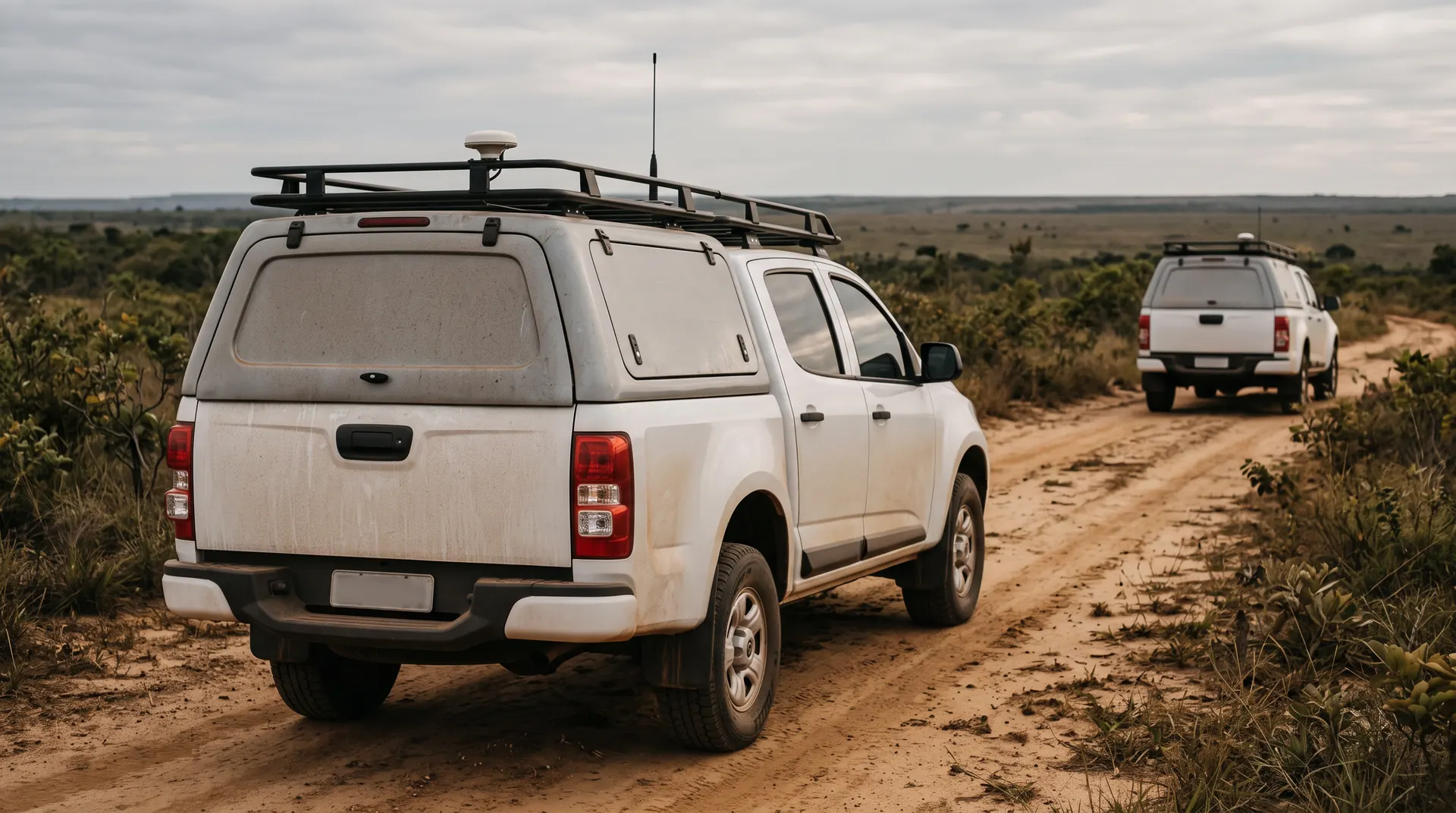 Two utility service vehicles with roof antennas, parked on a dirt track in the cerrado at dawn