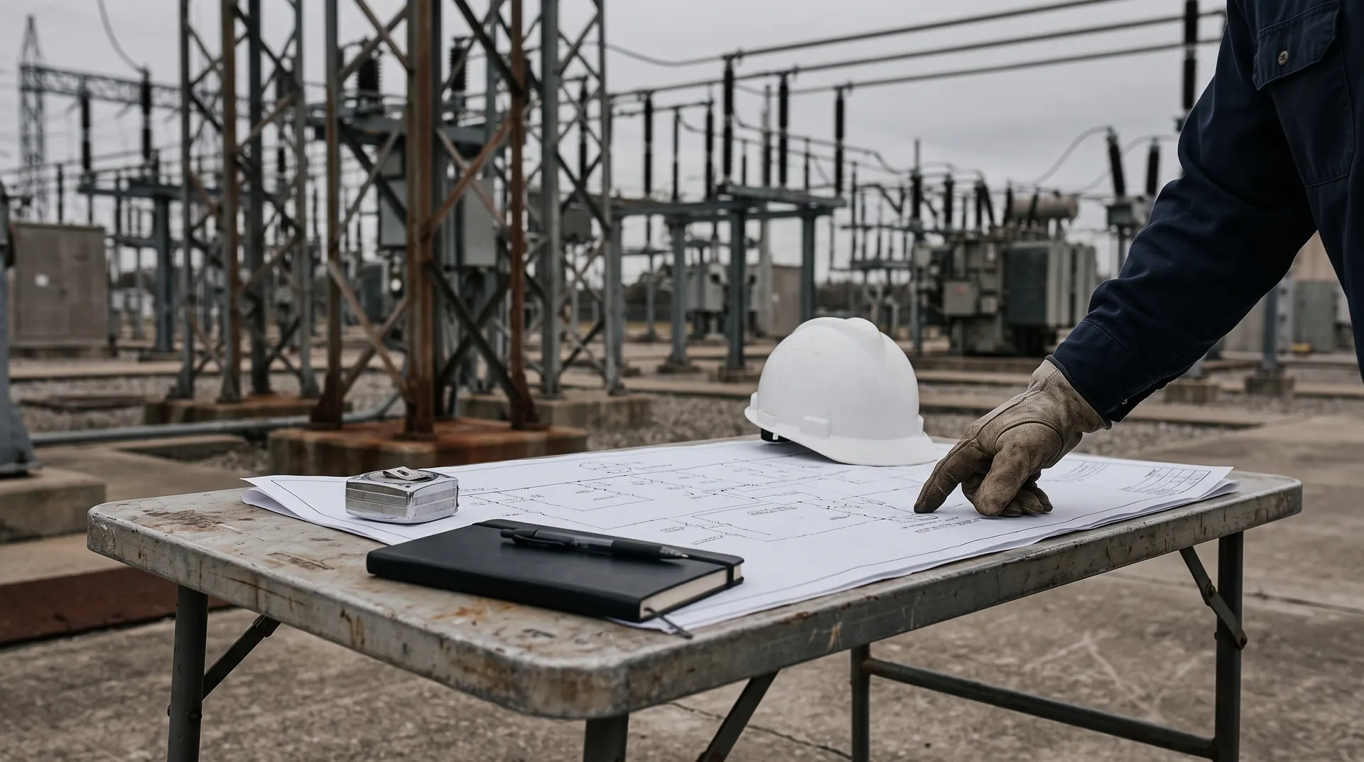Field table with an unrolled single-line diagram, a hard hat and tape measure as weights, and a gloved hand tracing a line