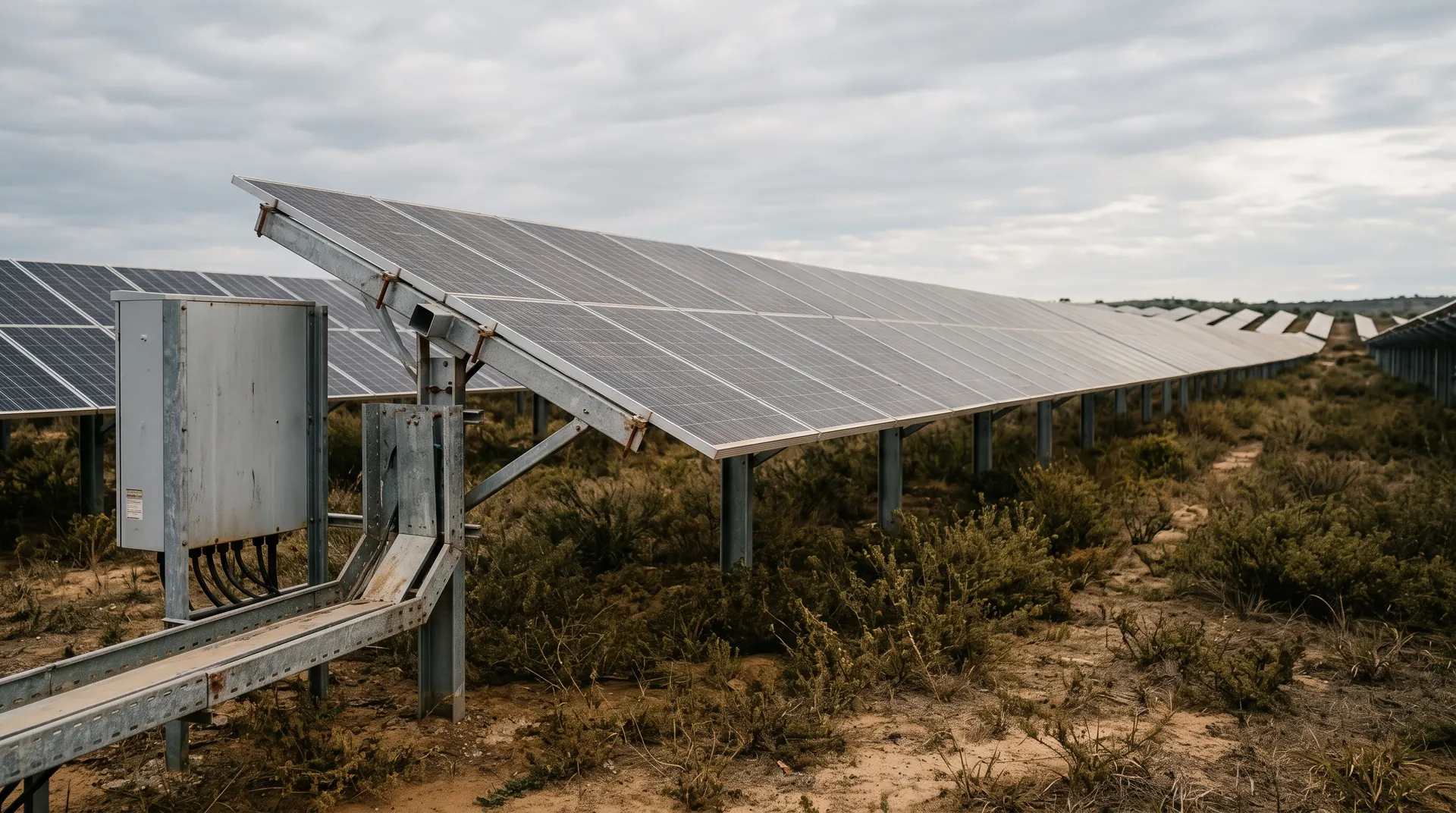 Ground-mount solar plant with photovoltaic modules on steel structures, an inverter cabinet and cable tray in the foreground, in cerrado scrubland